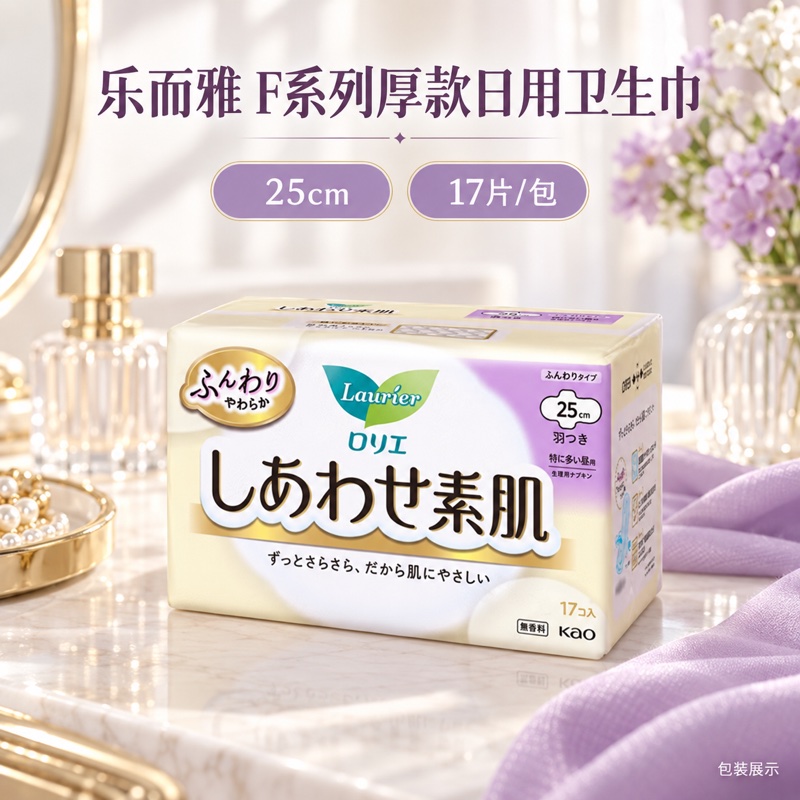 日本进口花王卫生巾乐而雅F系列厚款日用25厘米17片零敏肌丝薄柔滑舒适量少高清大图