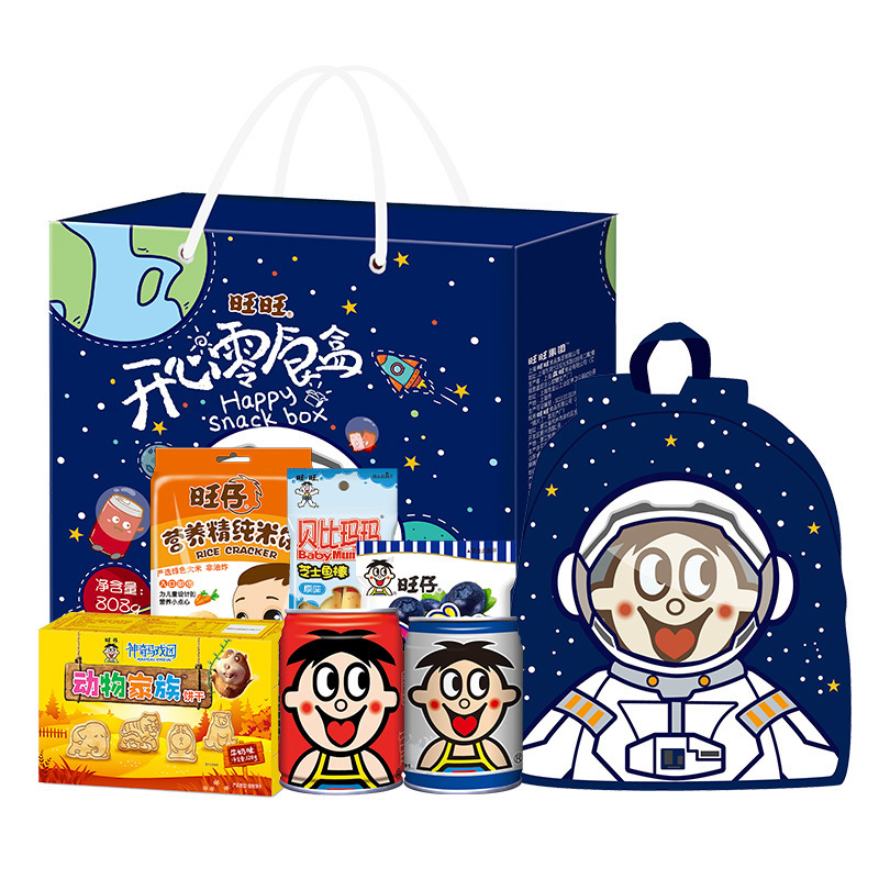 旺旺开心零食礼盒318g+490ml (旺仔QQ糖+旺仔牛奶+内赠儿童牵引包1只)
