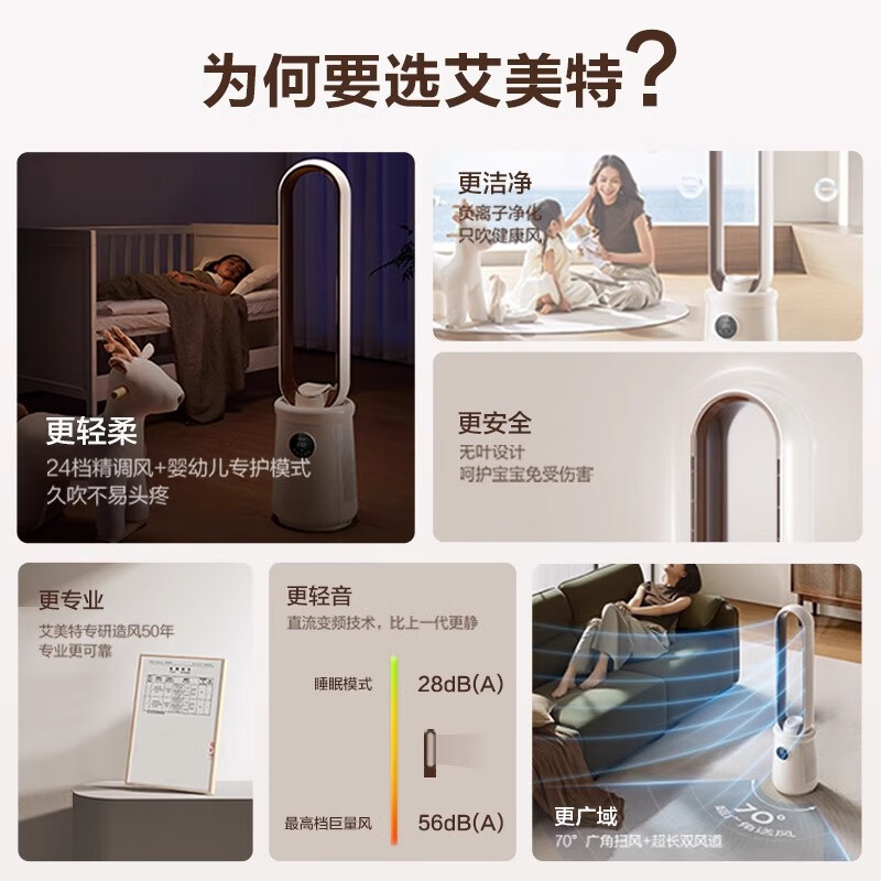艾美特(Airmate)直流变频负离子无叶风扇塔扇家用台立扇遥控落地扇智能AI温控电风扇定时摇头电扇 CE-SRUI8高清大图