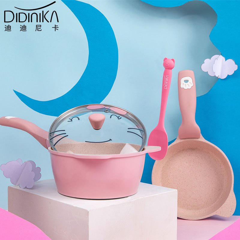 韩国迪迪尼卡（Didinika）宝宝辅食锅婴儿守护猫奶锅小锅平底锅煎锅炒锅麦饭石不粘锅煮面热牛奶锅