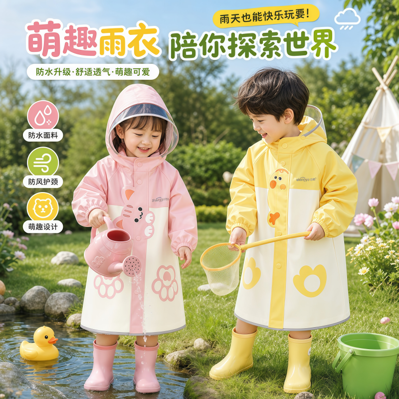 正雨儿童雨衣男童女孩小学生带书包位宝宝幼儿园上学户外雨披9063高清大图