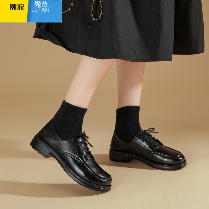 聚范黑色工作小皮鞋女2023新款百搭平底皮面英伦学院风乐福鞋系带单鞋高清大图