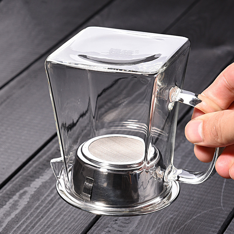 功夫茶具加厚公道杯耐热高温玻璃带茶漏茶海四方公杯过滤茶器-加厚方形360毫升(配玻璃龙把过滤)