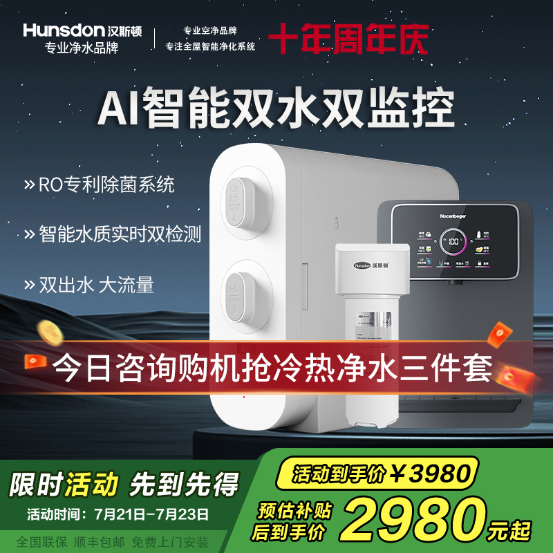 汉斯顿净水器家用直饮厨房无桶大流量500G双出水净水机ro纯水C2