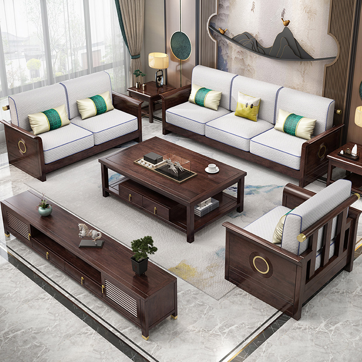 月影梳桐新中式实木沙发组合紫金檀木客厅红木家具软靠包坐垫现代轻奢