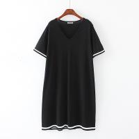 韩版女装微胖mm宽松V领短袖针织连衣裙大码2018夏装黑色大码均码