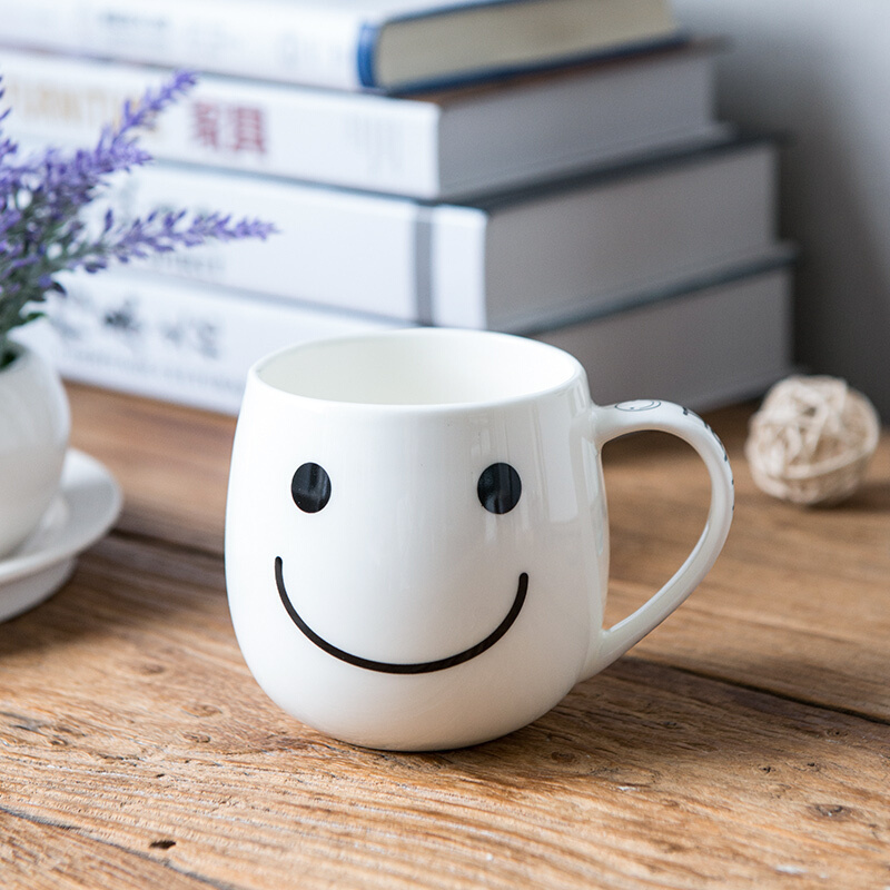 瓷魂 创意卡通时尚陶瓷马克杯情侣杯子咖啡杯水杯 好心情笑脸杯 2只装