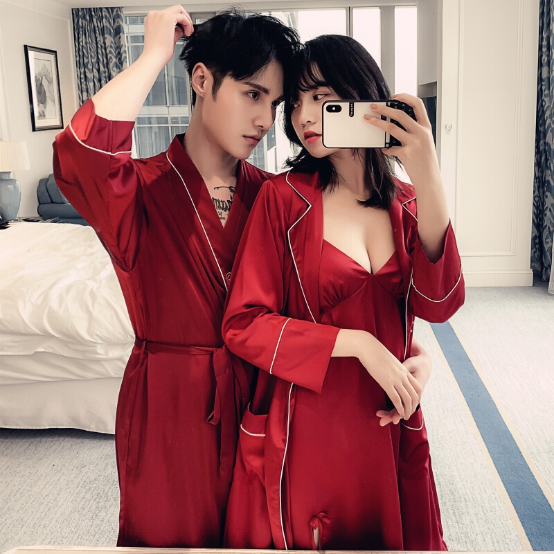 波迷娜(BOMINA)春夏季红侣睡袍两件套女吊带裙男薄款宽松睡衣浴袍