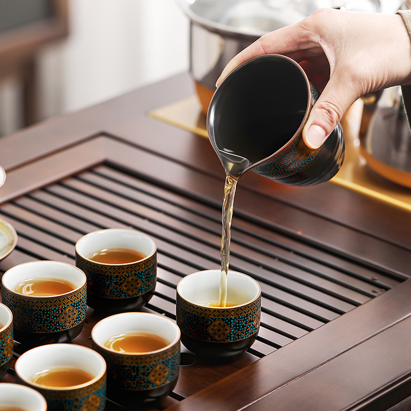 領藝 优品古韵功夫茶具套装家用办公室整套陶瓷泡茶器乌金檀木茶盘四合一