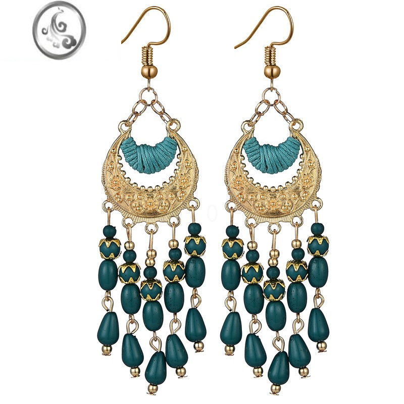 JiMi波西米亚民族风长款复古流苏米珠耳环耳坠旅行拍照配饰女雕花耳饰