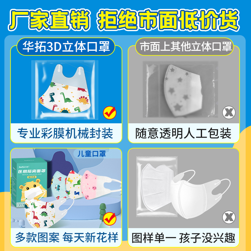 华拓医用儿童口罩3d立体独立包装男童4-12岁彩色[30只]三层防护透气小童婴幼儿小学生专用一次性医疗口罩