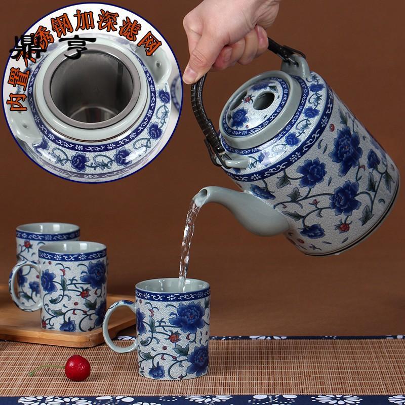 鼎亨景德镇陶瓷茶壶大容量复古青花冷水壶套装家用大号提梁壶茶具