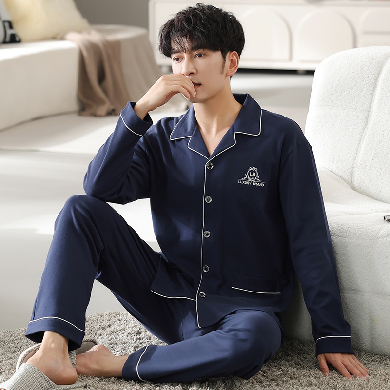 男士新款纯棉长袖睡衣青少年全棉秋冬季休闲开衫可外穿家居服套装
