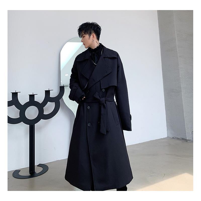 春秋新款个性潮牌男装时尚双排扣长风衣男宽松大衣男帅气超长过膝风衣