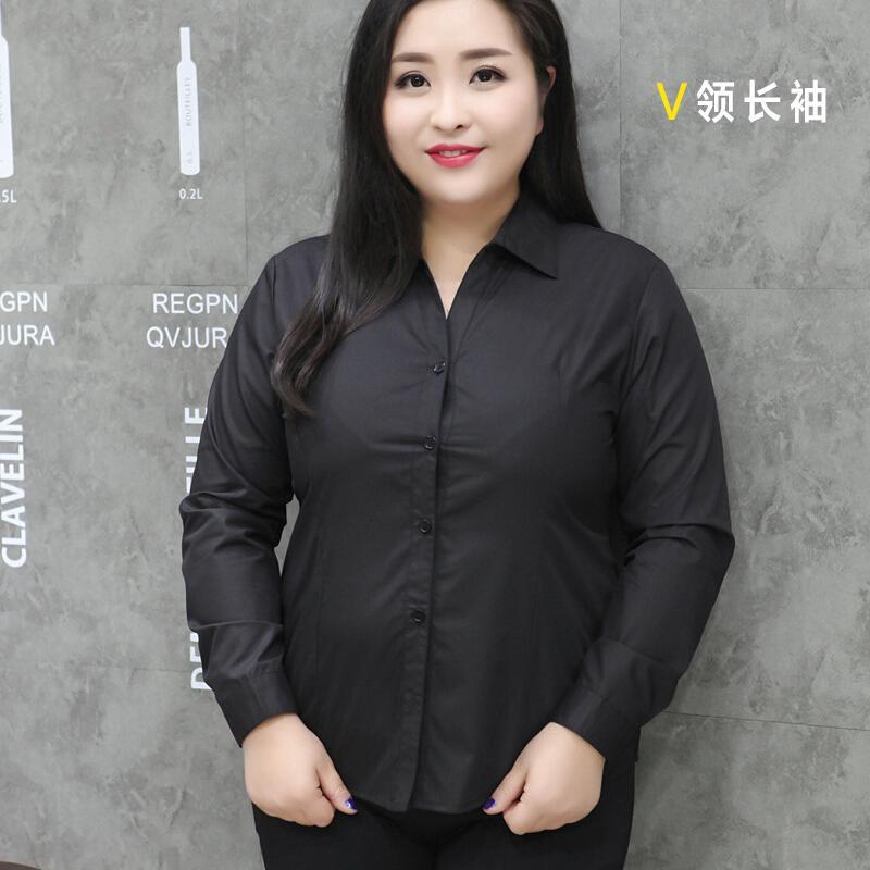 正职业V领修身作黑宽松胖妹妹衬衫