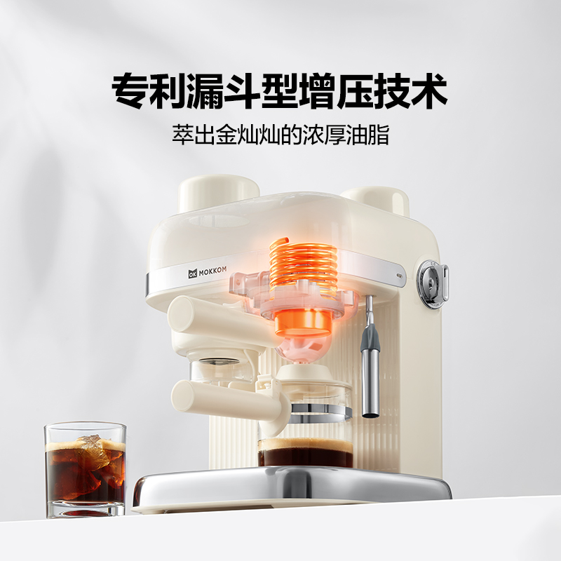 mokkom磨客咖啡机家用意式小型半全自动花式浓缩咖啡蒸汽打奶泡一体泵压式高压萃取多功能 珍珠白-382高清大图