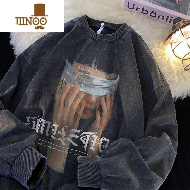 YANXU卫衣男美式水洗做旧圆领长袖t恤宽松潮牌hiphop潮潮iA高清大图