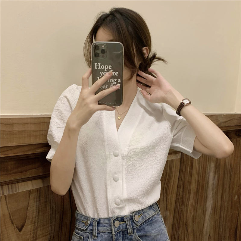 肌理感柔软泡泡袖衬衫法式复古气质V领短袖上衣