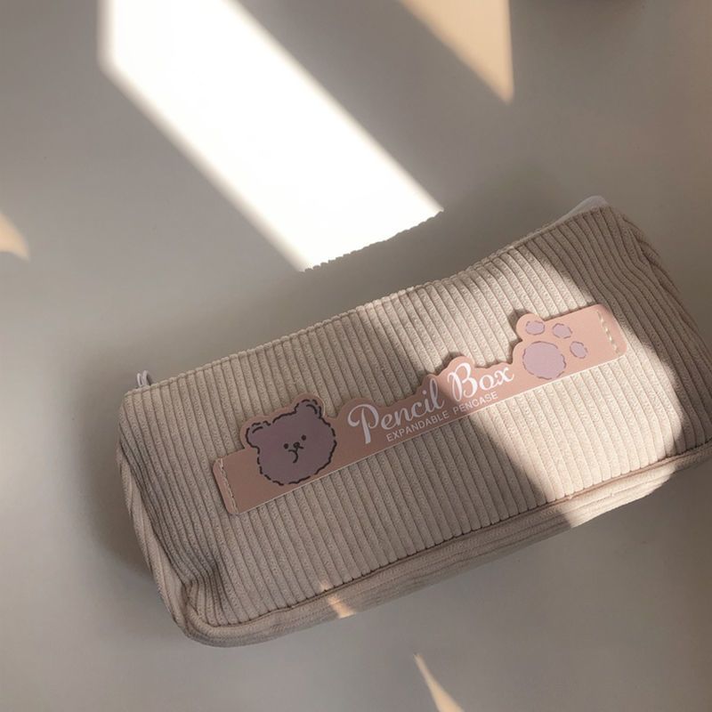 ins日系可爱大容量灯芯绒笔袋女小熊文具袋小众简约铅笔盒文具盒 粉色 - 灯芯绒笔袋