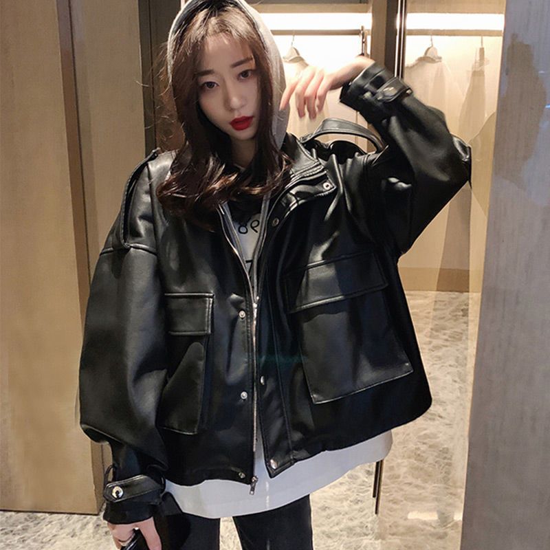 假两件皮衣外套女2021年春秋新款黑色pu加厚卫衣韩版皮夹克机车服