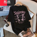 YIBUSHENG美式蝴蝶印花白色短袖t恤2024季新款女装体恤宽松上新 S80-110斤 黑色Nueraploge粉蝴蝶