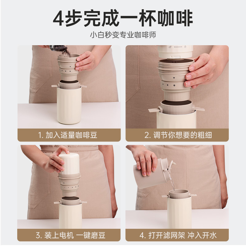 BRUNO便携式咖啡机小型研磨一体办公室旅行户外升级款BZK-KYM03P01白色*高清大图