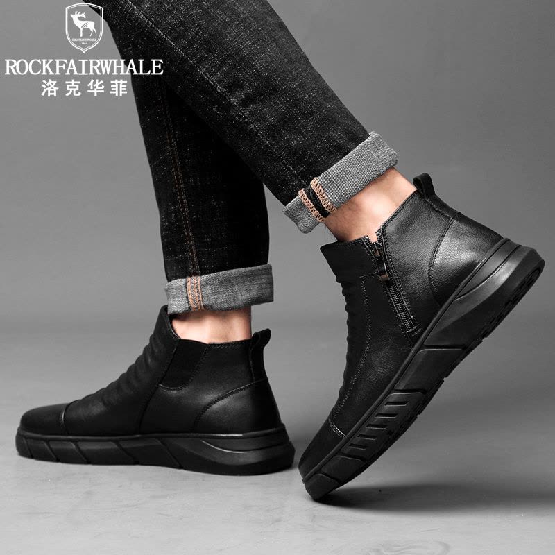 洛克华菲 男切尔西靴新品真皮马丁靴 男韩版潮流雪地户外加绒保暖棉鞋 男士休闲皮鞋 中筒高帮男鞋冬季图片