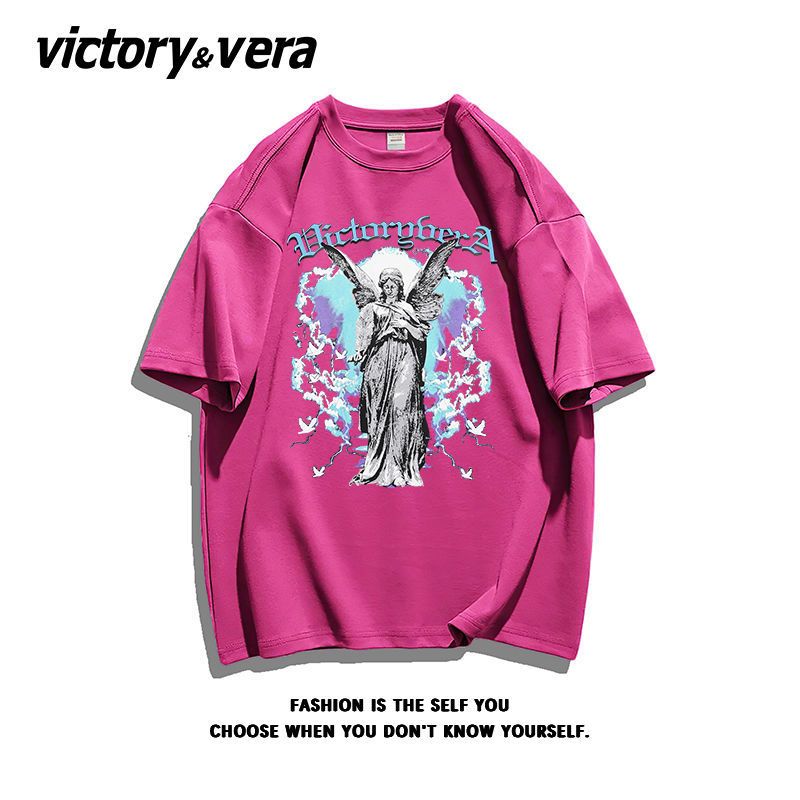 VICTORYVERA100%纯棉复古天使像印花短袖T恤女宽松夏季上衣chic