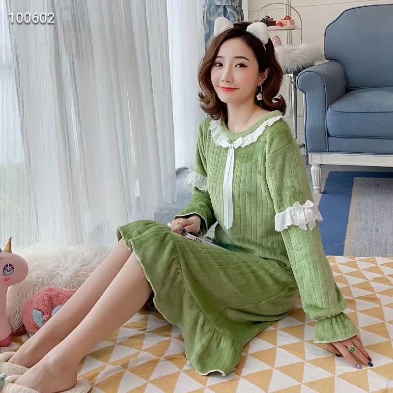 波迷娜（BOMINA)法兰绒女秋牛油果绿珊瑚绒长款保暖家居服连衣裙