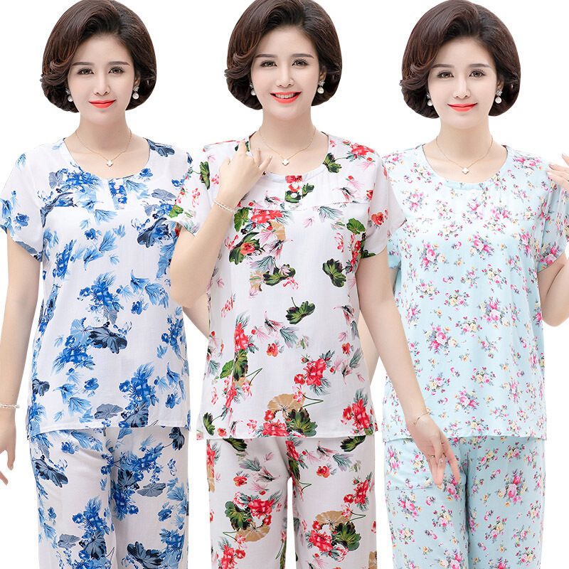 波迷娜(BOMINA)中老年棉绸睡衣女马裤套装2021新款女夏季老人绵绸短袖服人造棉两套妈妈棉绸套装薄