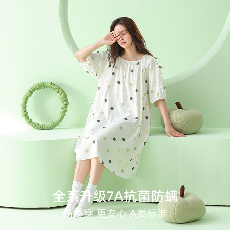 米奇喵[抗菌新疆棉]a类纯棉睡裙女夏季短袖连衣裙长款家居服大码宽松 a类纯棉睡裙女 尺码备注高清大图