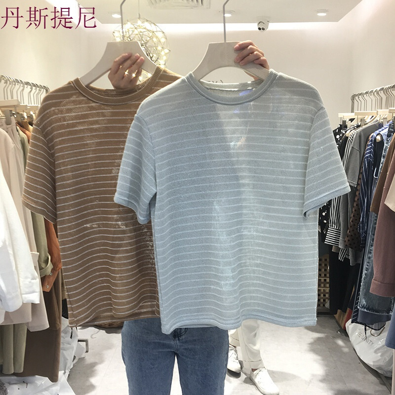 特惠2018夏装夏装条纹短袖T恤女休闲宽松百搭打底衫体恤半袖上衣黄色均码