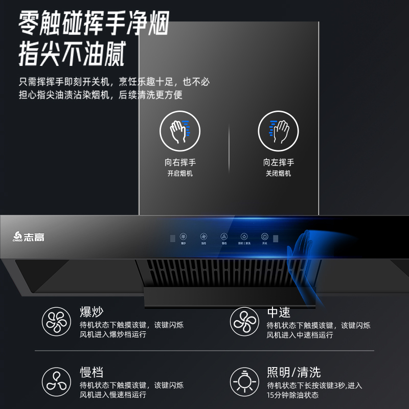 志高(CHIGO) F810 欧式 顶吸式抽油烟机 家用大吸力自动清洗智能触控T型脱排烟雾报警吸油烟机高清大图