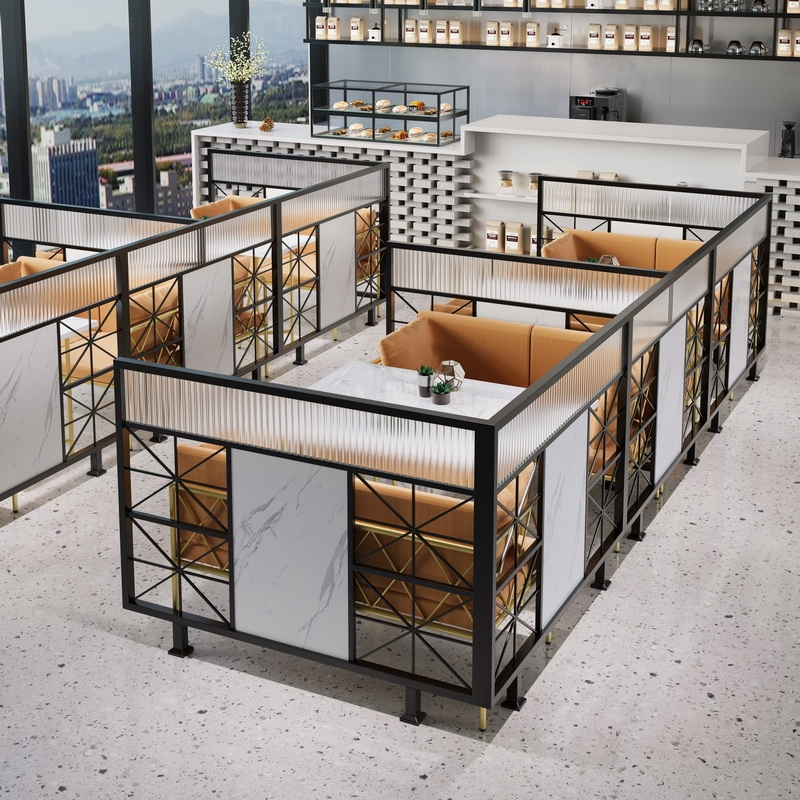 餐厅铁艺屏风隔断火锅过道长虹玻璃围栏奶茶饭店网格矮墙卡座轻奢视频