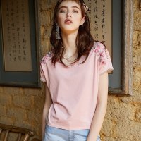 裂帛2020夏装新款V领文艺刺绣短袖上衣连肩花边宽松T恤女51180054