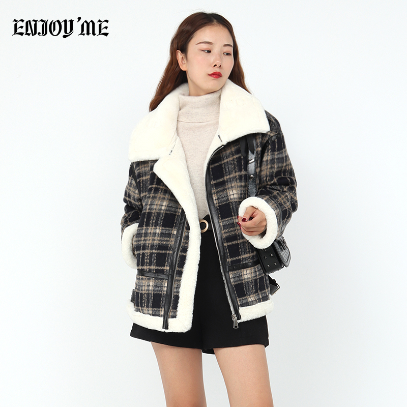 ENJOY’ME女装2019冬季新品英伦复古格纹格子拼皮条短外套