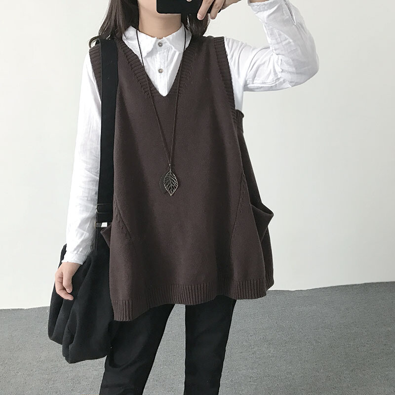 毛线背心女针织马甲宽松韩版V领中长款百搭显瘦上衣文艺坎肩马夹 桔色 均码