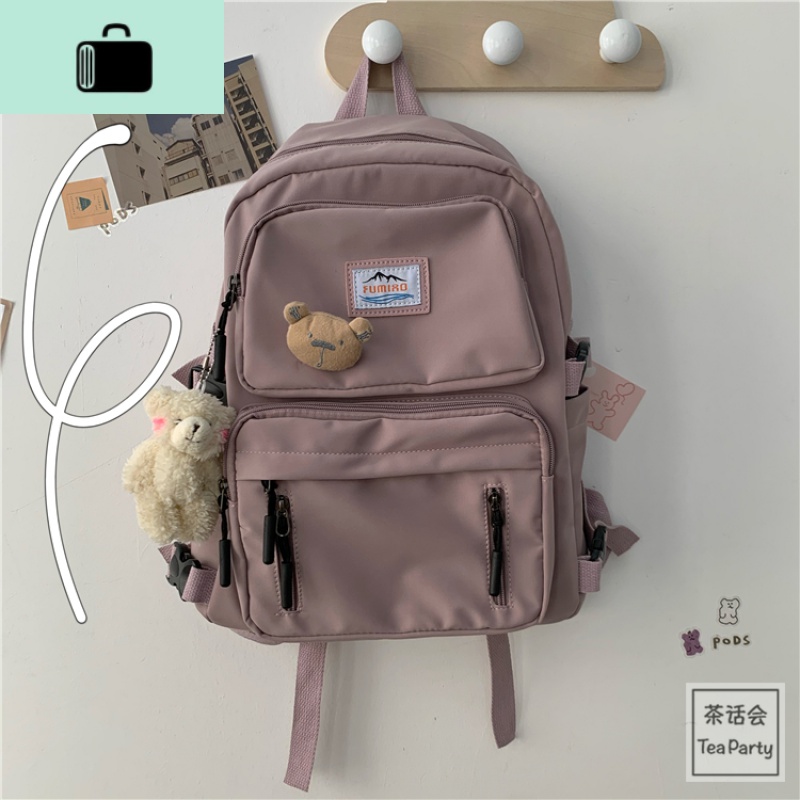 茶话会韩国ins工装学生港风街拍书包女原宿双肩包ulzzang旅行背包NEWLAKE 紫色加腮红小熊