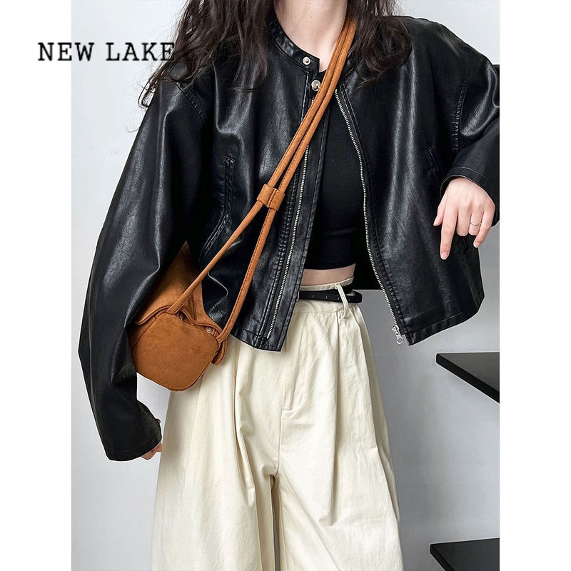 NEW LAKE美式复古甜酷皮衣外套女2024新款拉链立领短款机车服帅气pu皮夹克