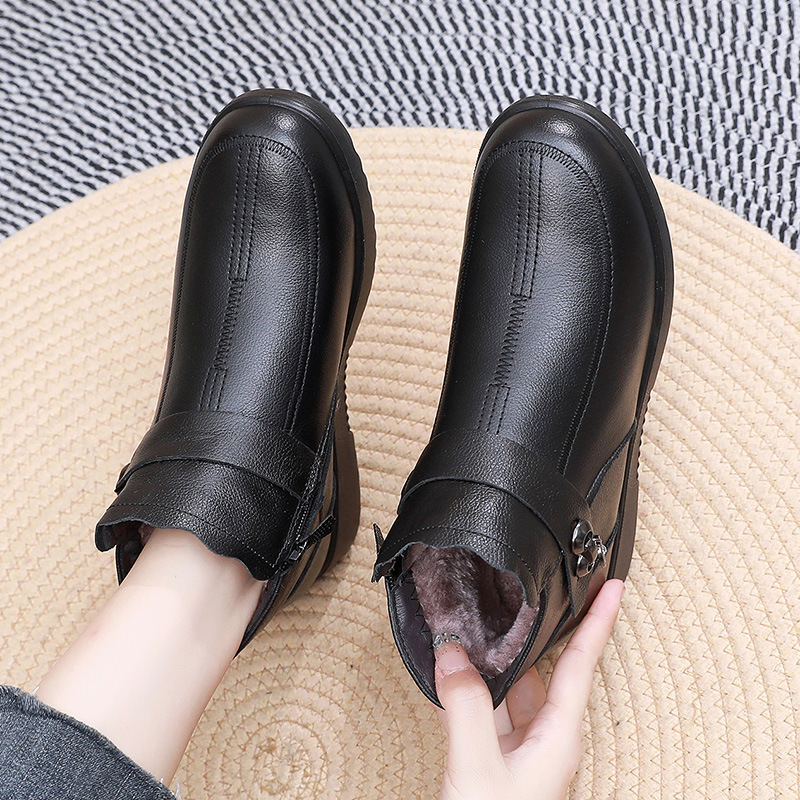 热卖新款牛皮妈妈棉鞋加厚绒毛软底中老年妈妈皮靴厂家直销批发高清大图