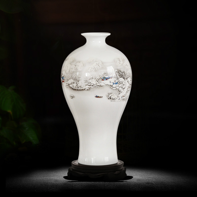景德镇陶瓷器花瓶 落地大号仿古清明上河图青花瓷瓶酒店客厅摆件 三维工匠 雪景梅瓶+底座高清大图