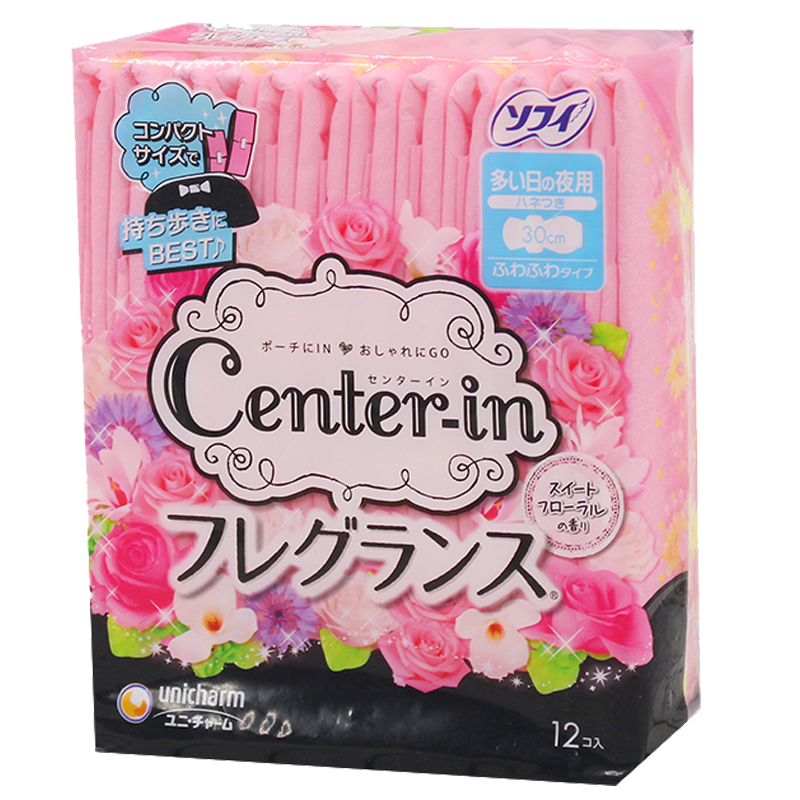 unicharm尤妮佳centerin花香型量多夜用护翼卫生巾300mm12片装参数