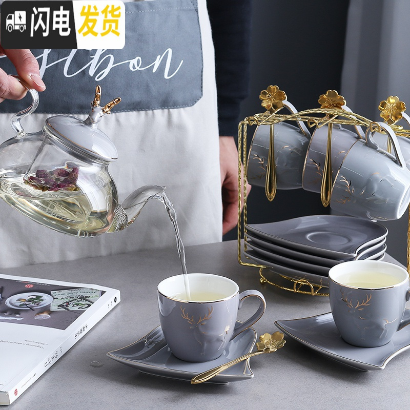 三维工匠英式北欧风陶瓷玻璃花茶具套装煮水果花茶壶下午茶茶具蜡烛可加热 灰色小鸟套6(送蜡烛勺子铁架)