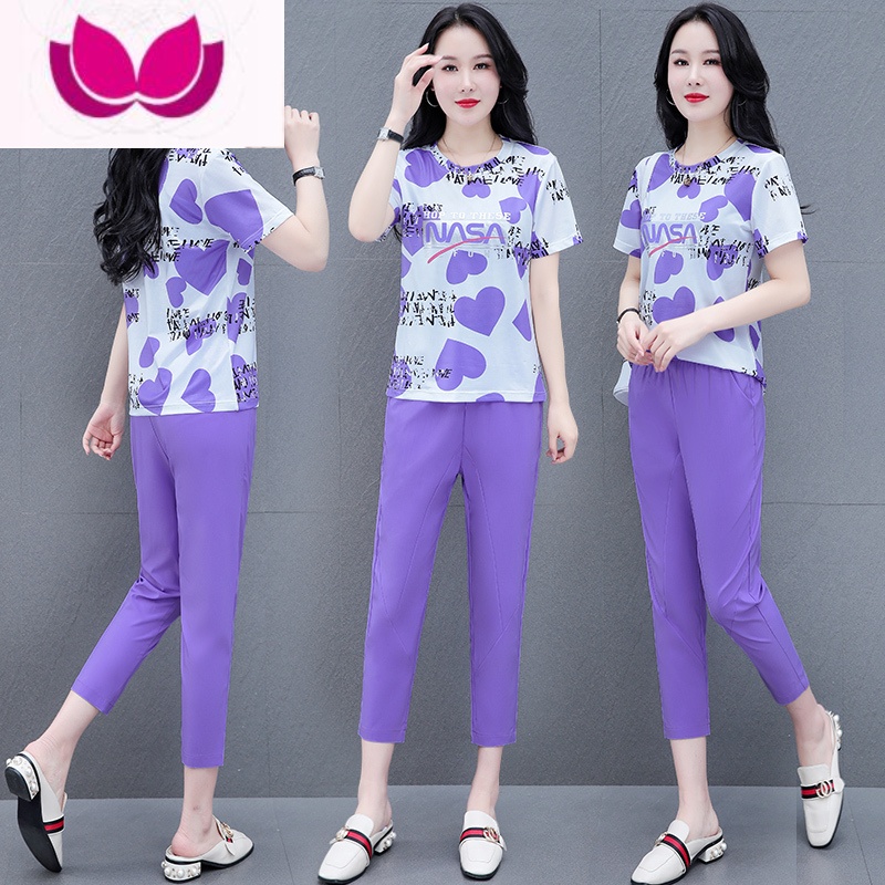 七斓冰丝速干运动套装女夏季薄款2022新款宽松显瘦时尚减龄休闲套 紫色 M(建议80-95斤)