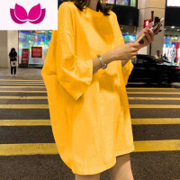 七斓玫红色t恤女短袖大码网红2023新款夏ins风T中长款宽松纯色上衣潮 L 黃色
