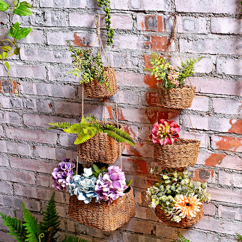 壁挂式小花篮麻绳编织篮田园小清新藤编挂钩式花盆装饰挂件半圆三挂篮