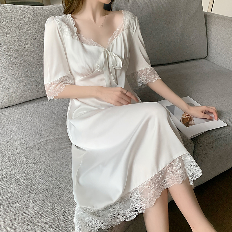 复古法式短袖优雅睡裙白色 s80-95斤 夏性感真丝复古宫廷风睡衣女夏季