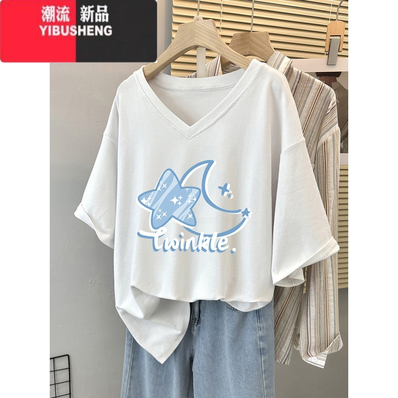 YIBUSHENG胖mm短袖T恤女季2024新款大码女装宽松显瘦正肩半袖V领上E高清大图