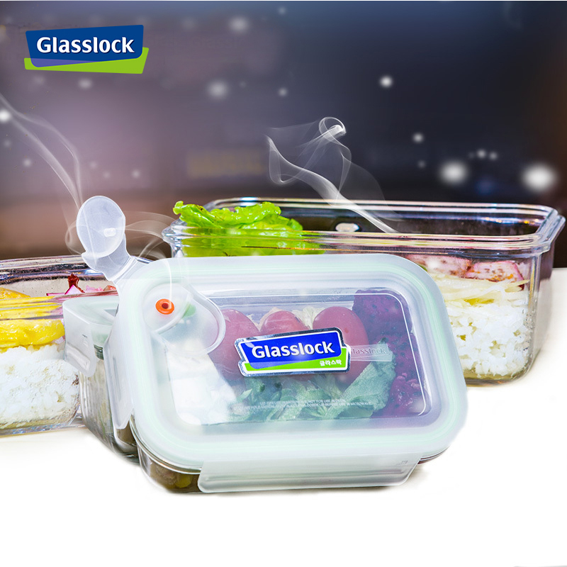 三光云彩(GLASSLOCK)饭盒韩国进口耐热钢化玻璃分隔带盖密封便当保鲜盒可微波加热蒸汽孔两件套装上班组670ml*2