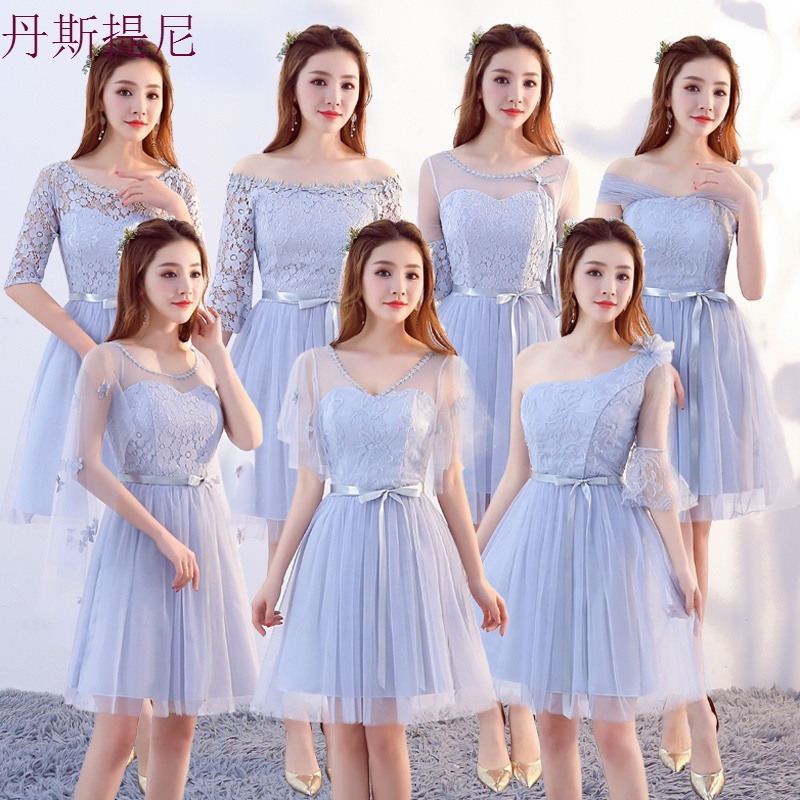 伴娘服短款2018新款姐妹团连衣裙学生表演聚会灰色大码显瘦晚礼服